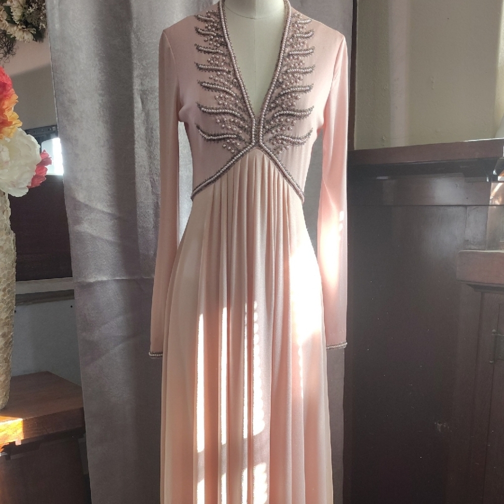 Chic Blush Long Sleeve Dress with Embellishments